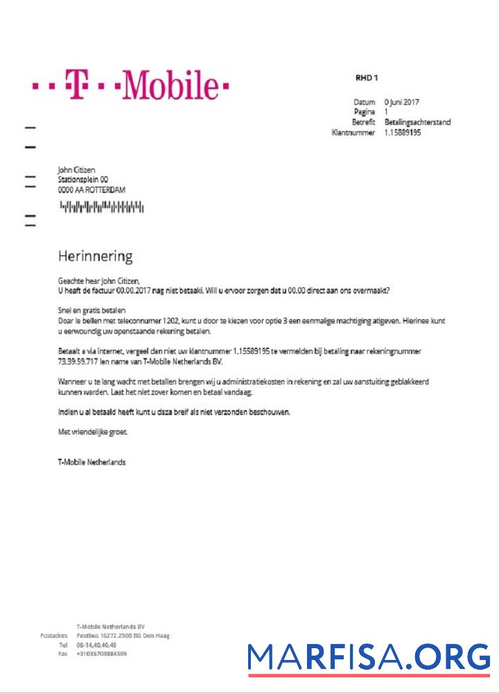 Downloadable Netherlands T Mobile utility bill template in Word and PDF format
